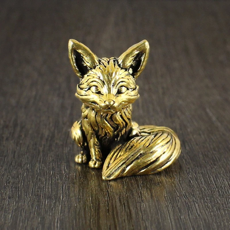 1 PC Antique Finished Brass Fox Sculpture Office Desk Manipulable Adorable Tea Pet Copper Animal Artifact Decor Craft Figurines