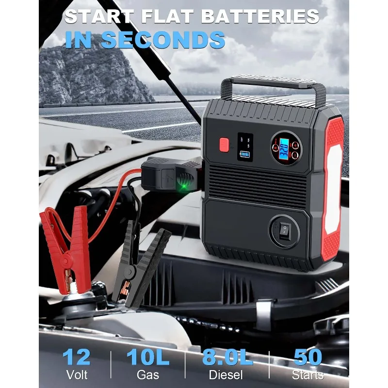 2024 Portable Power Bank 24000mAh Multi-Functional Car Jump Starter Air Compressor 3000A LCD Display LED Emergency Tool Kit