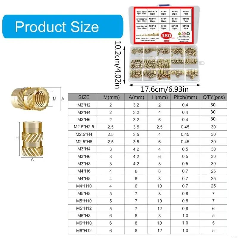N58C 380PCS DRAAP -inzetstukken 2/2.5/3/4/5/6 mm metrische metrische gekartel moer inbeddingsmoer voor het afdrukken 3D
