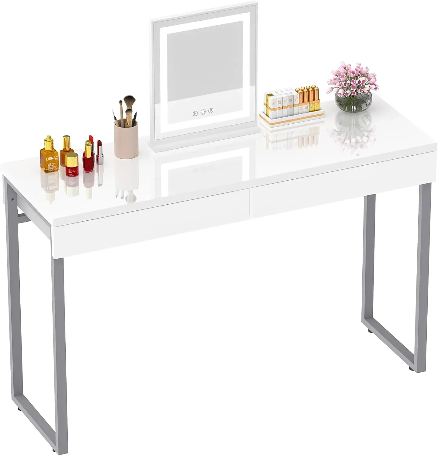 Vanity Desk with 2 Drawers Glossy White 47 inch Modern Home Office Computer Writing Desk Makeup Dressing Table, Silver