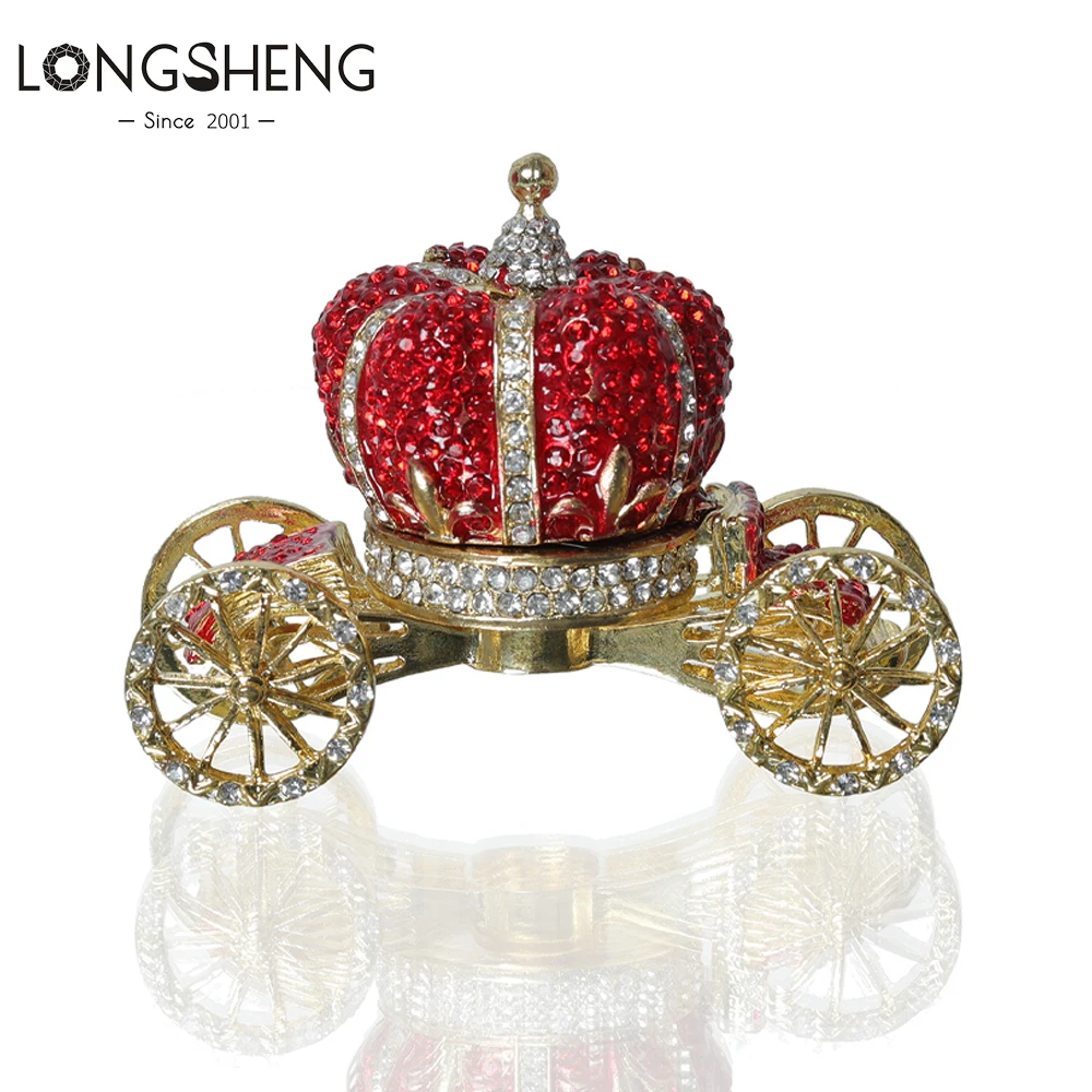 

Red Crown Car Trinket Box Hinged Rhinestone Jeweled Colorful Enamel Ring Box Openable Decorative Hinged Jewelry Display Holder