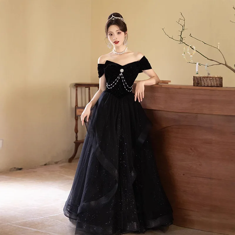 فستان سهرة أسود عصري للولائم 2026 جديد للربيع والصيف فستان طويل أنيق للمضيف امتحان فني فستان عالي الجودة للبالغين