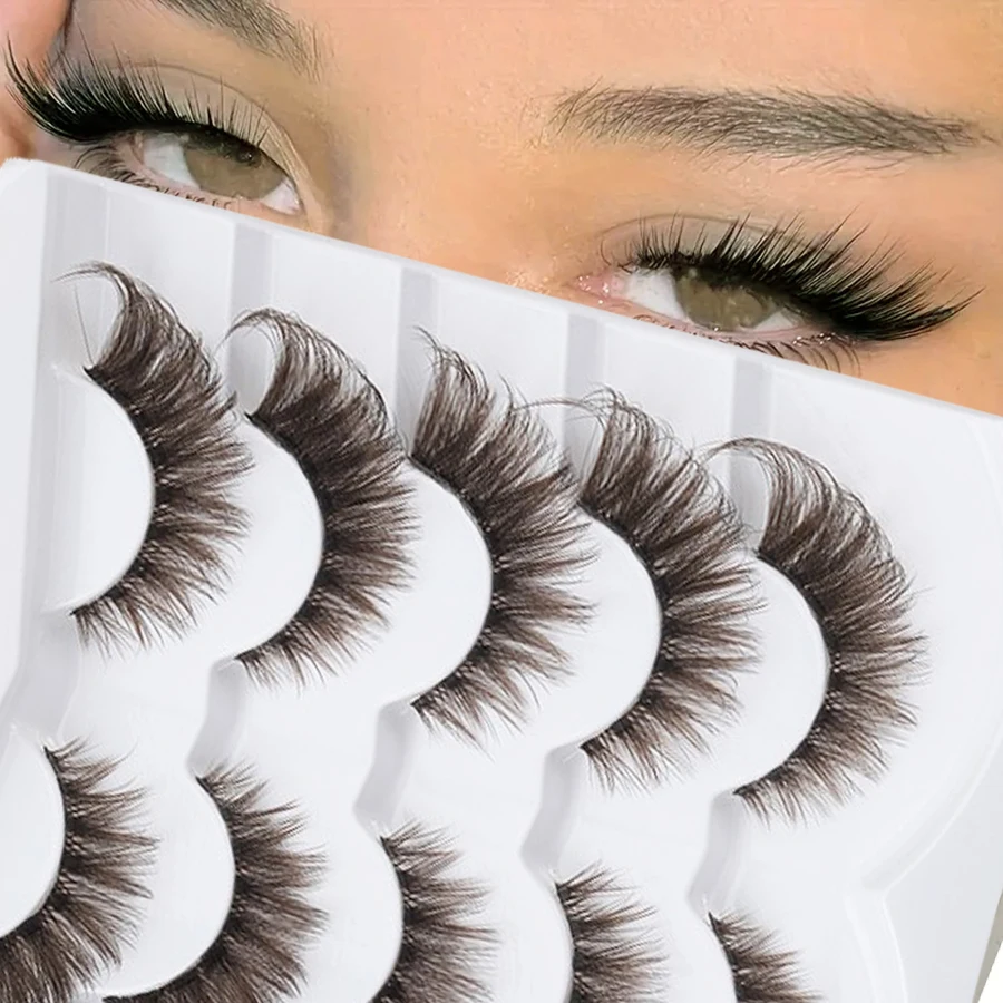 5 pairs of transparent stem brown false eyelashes, 8D bar fluffy artificial mango eye false eyelashes