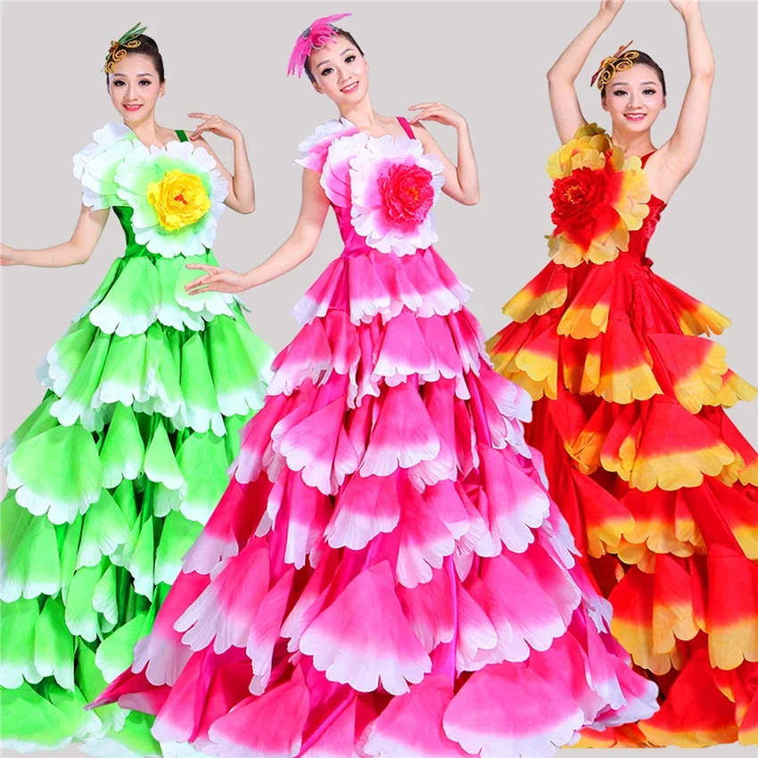 360-720Degrees Flamenco Dress Dance Gypsy Skirt Woman Spain Belly Costumes Big Petal Spanish Chorus Stage Performance Wear S-3XL