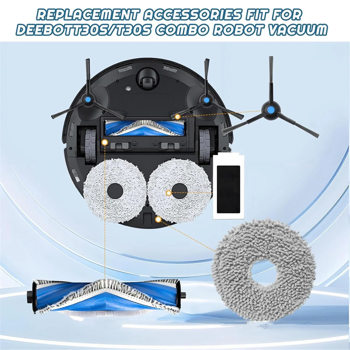 ECOVACS DEEBOT T30S 로봇 진공 청소기용 메인 사이드 브러시 헤파 필터 걸레 천 패드, 먼지 봉투 교체 부품