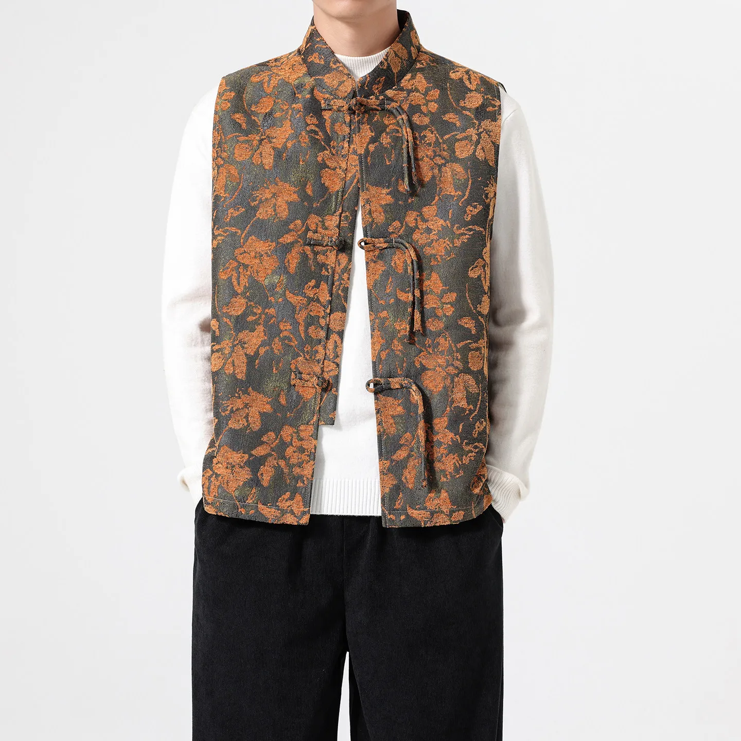 Men's New Chinese Style Vest Men Retro Tang Suit Waistcoat Man Mandarin Collar Frog Buttons Plant Floral Print Sleeveless Vest