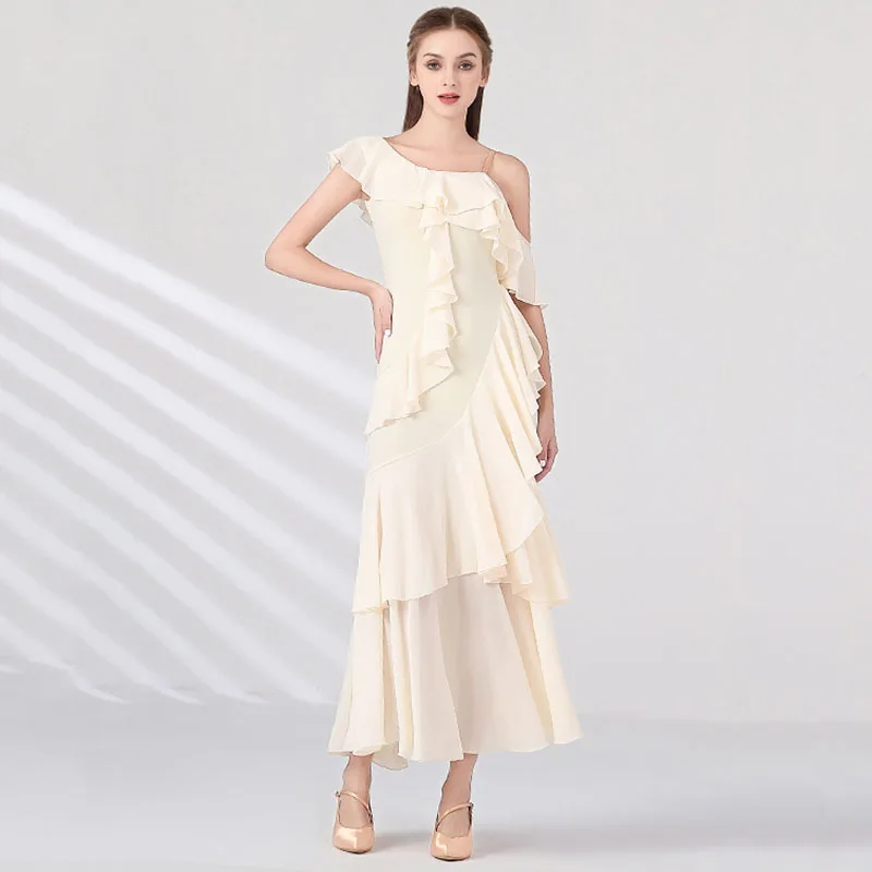 

New Ballroom Dance Dress Women Competition Chiffon Ruffle Collar Modern Performance Costumes National Standard Waltz Clothes