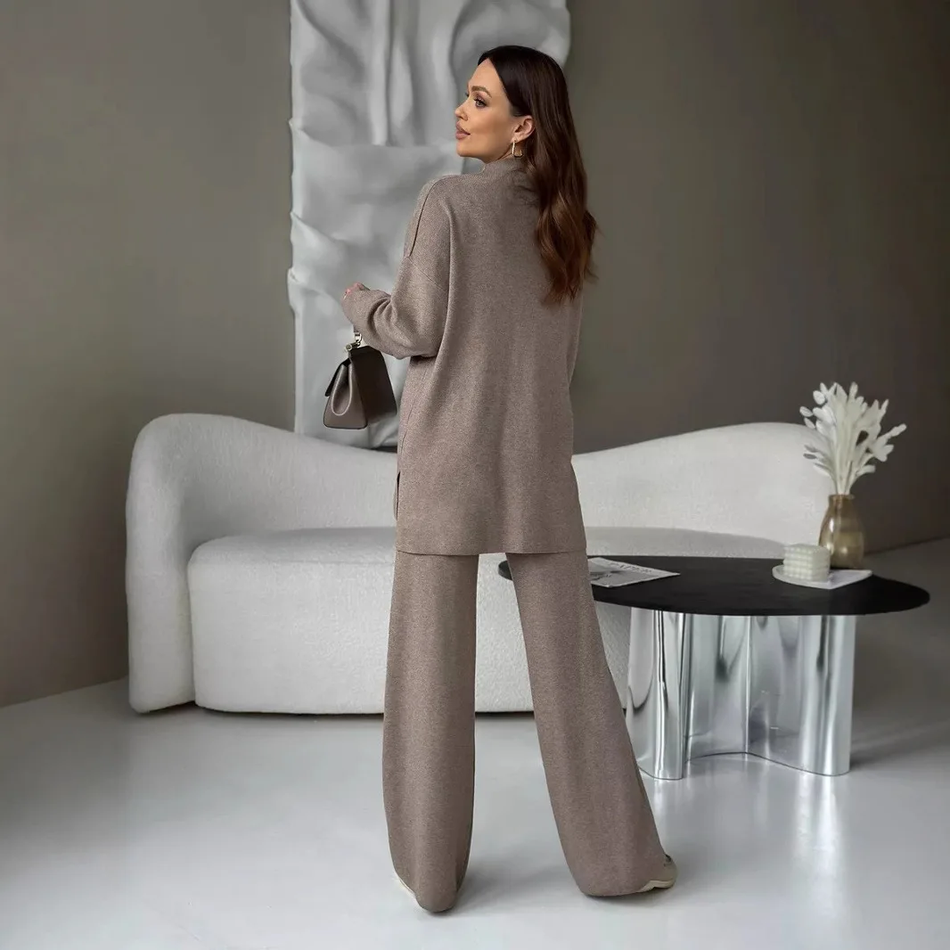 Women's Sweater And Wide Leg Pants Set Round Neck Long Sleeve Knit Top Loose Fit Casual Autumn Winter Tracksuit