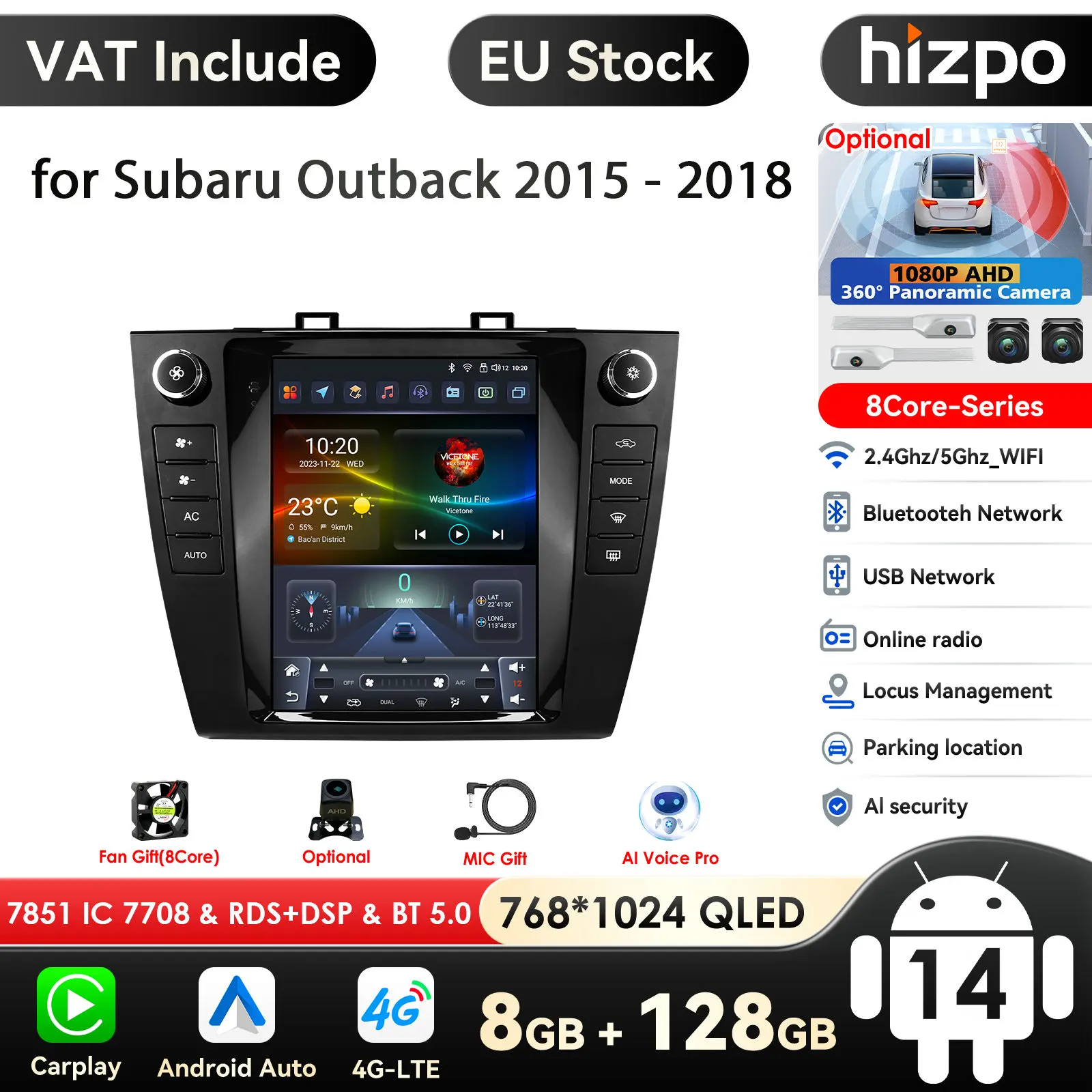 Hizpo 9.7 ''Android 14 pour Subaru Outback 2015 - 2018 autoradio stéréo lecteur vidéo multimédia GPS AI voix CarPlay 4G DSP