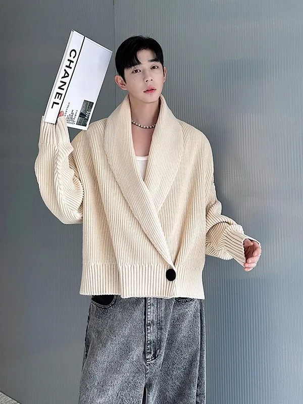 

Autumn Winter New Sle Men's Knitted Open Cardigan Large Collar Casual Loose Sweater Outerwear Comfortable Warmth Stripe Pat...