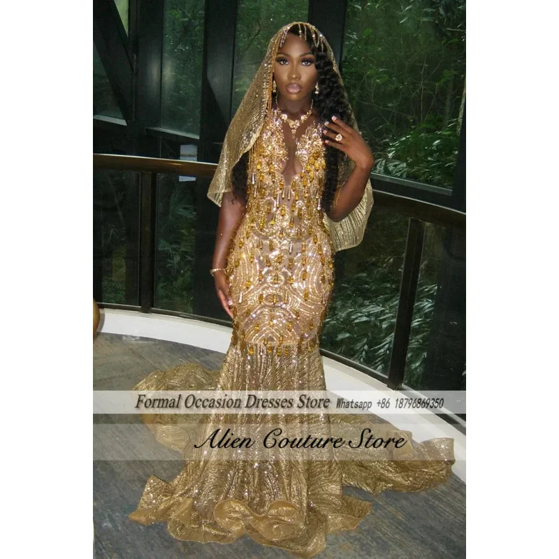 

Glittler Gold Prom Dresses With Veil 2026 Mermaid Rhinestones African Black Girls Party Dress Gala Birthday Gowns Customized