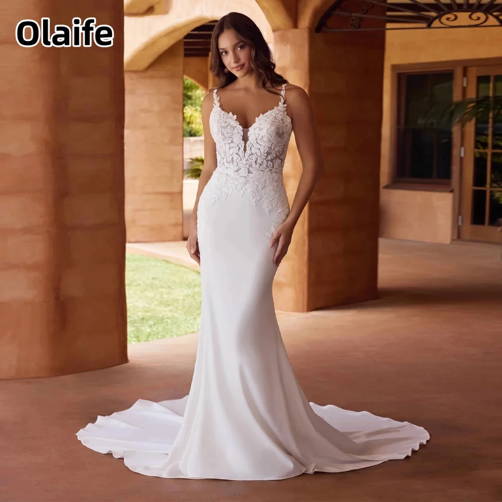 

Olaife Boho Mermaid Wedding Dresses for Women Satin Lace Appliques Button Spaghetti Straps Vestidos De Novia Customised