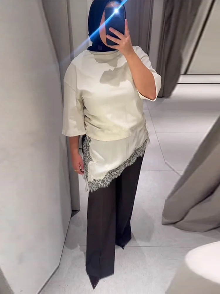 Y2K غير النظامية الدانتيل المرقعة تي شيرت طويل للنساء أنيقة س الرقبة قصيرة الأكمام قمصان عالية الشارع شيك سيدة البلوز ملابس داخلية