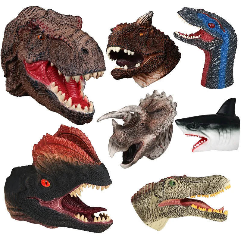 Marioneta de mano de cabeza de Animal de goma de Vinilo Suave, juguetes de figuras, guantes para niños, modelo de regalo de dinosaurio, juguetes de marionetas de mano para niños