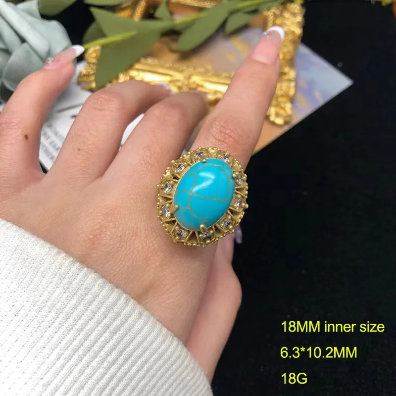 

French retro light luxury lapis turquoise ring inlaid with zircon material