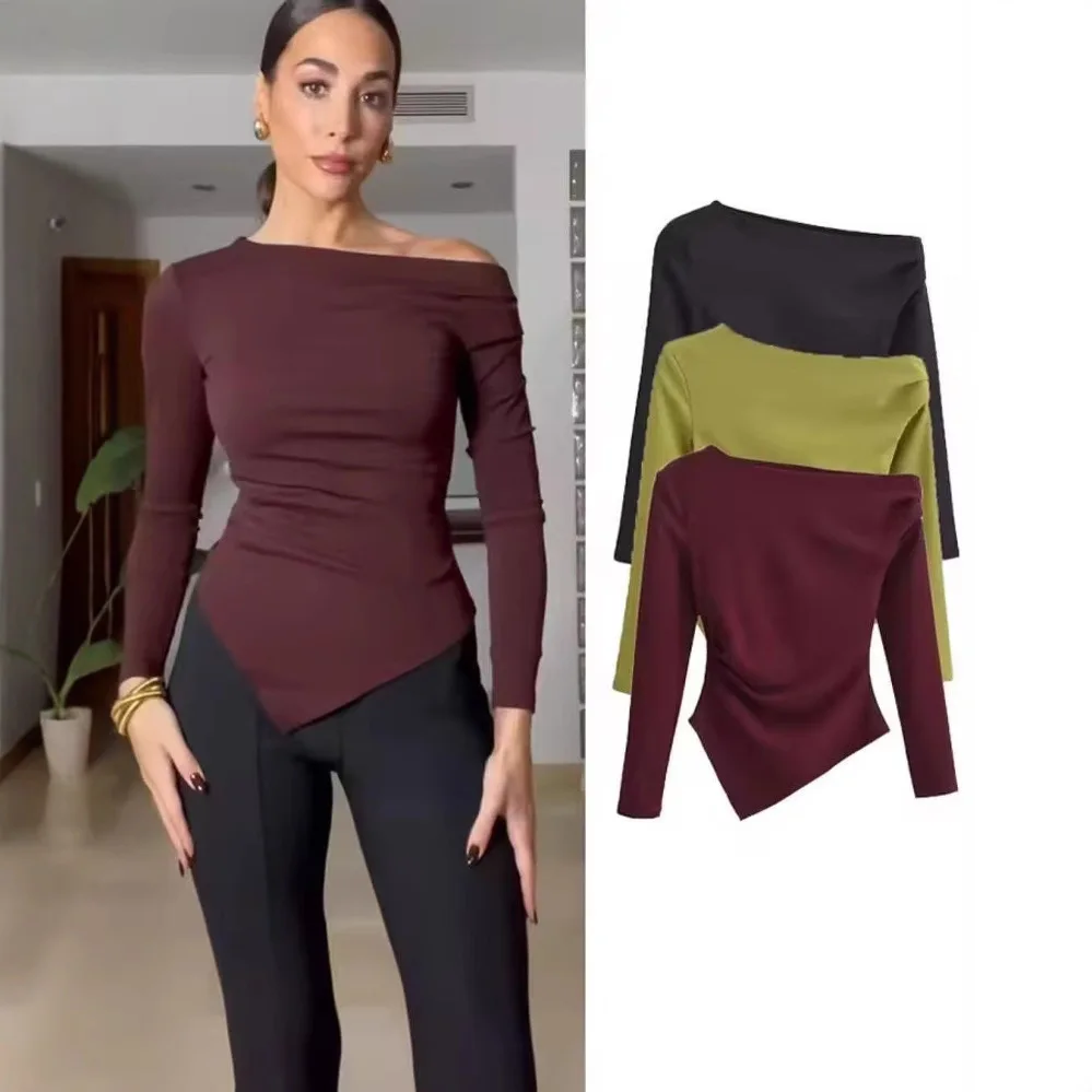 

Asymmetric Pleated Long Sve T-irt Top for Women Simple Sle Ladies' Premium Faion Autumn 2025 Elastic Polyester