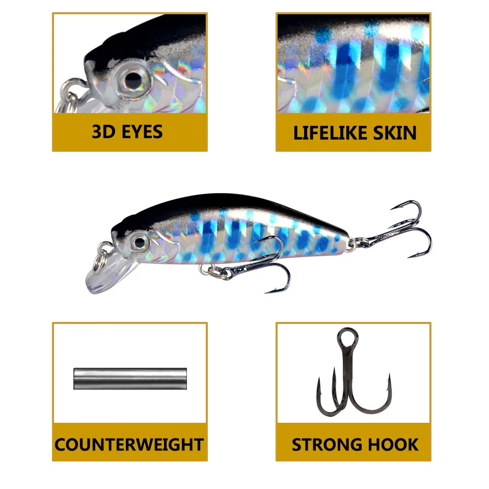 New Sinking Minnow Fishing Lure 55mm 6.5g Mini Artificial Bait Hard Wobbler All Water Crankbait for Pike Bass