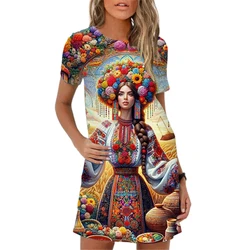 Elegant 3D Abstract Oil painting figures Print Women Dress New 2024 Summer Clothing Dress Short Sleeve Loose Casual A-Line Dress