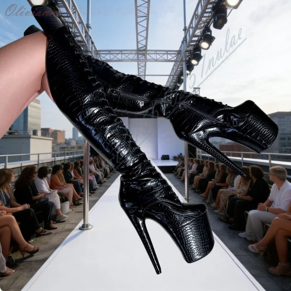 Glitter Green Front Lace-up Knee High Boots Platform Dance High Heels Side Zipper Performance Nightclub Fashion Sexy Women Shoes