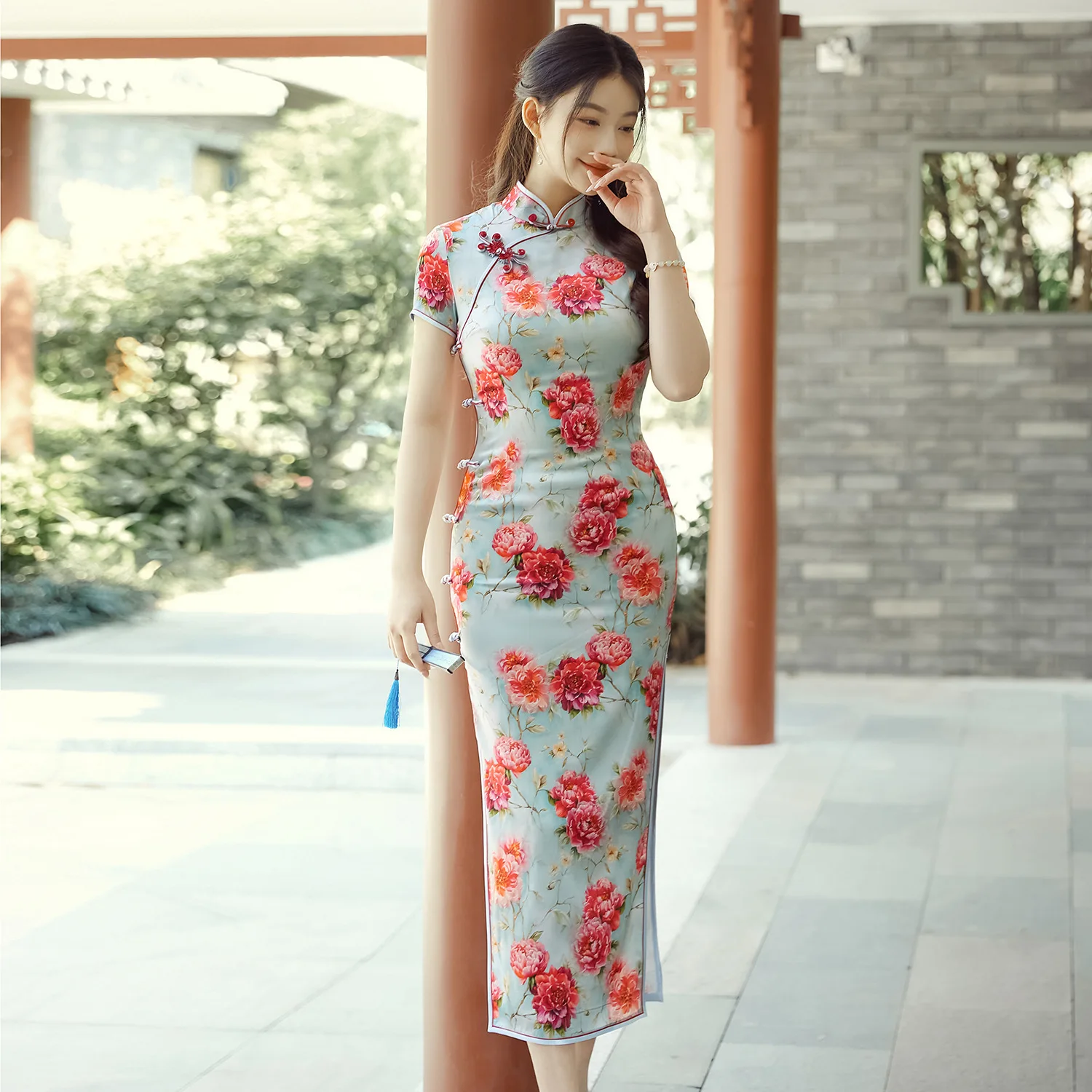 Spring and Summer New High Quality Real Silk Improved Printed Cheongsam Qipao Women's Dress Long Tea Art