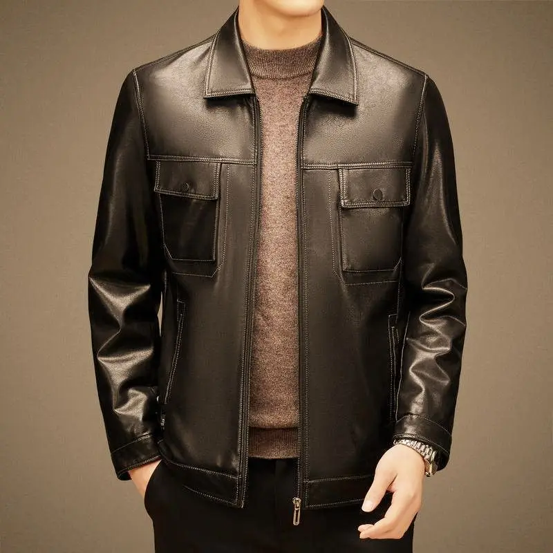 New Middle-aged People 2024  Dad Men's Casual Middle-aged Men's Buckskin Jacket Lapel Coat Men Motor Vehicles Winter Jacket Men