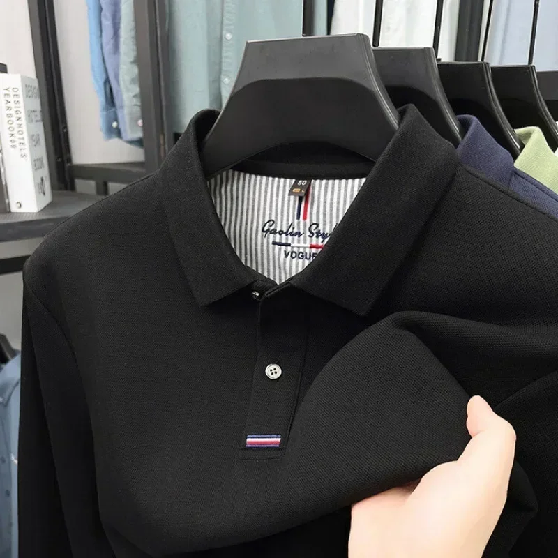 Autumn new thickened double-sided pearl cotton long-sleeved T-shirt men's middle-aged men's lapel POLO casual top image 4