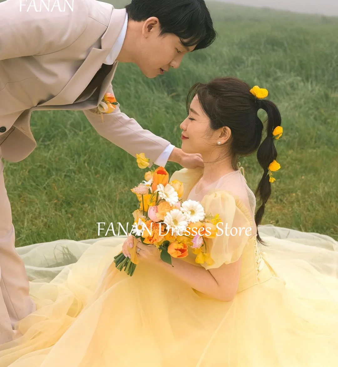 FANAN Yellow Tulle  Evening Party Dresses Korea Princess O-Neck Short Sleeves Wedding Women  Gowns Event Prom Gowns Customized