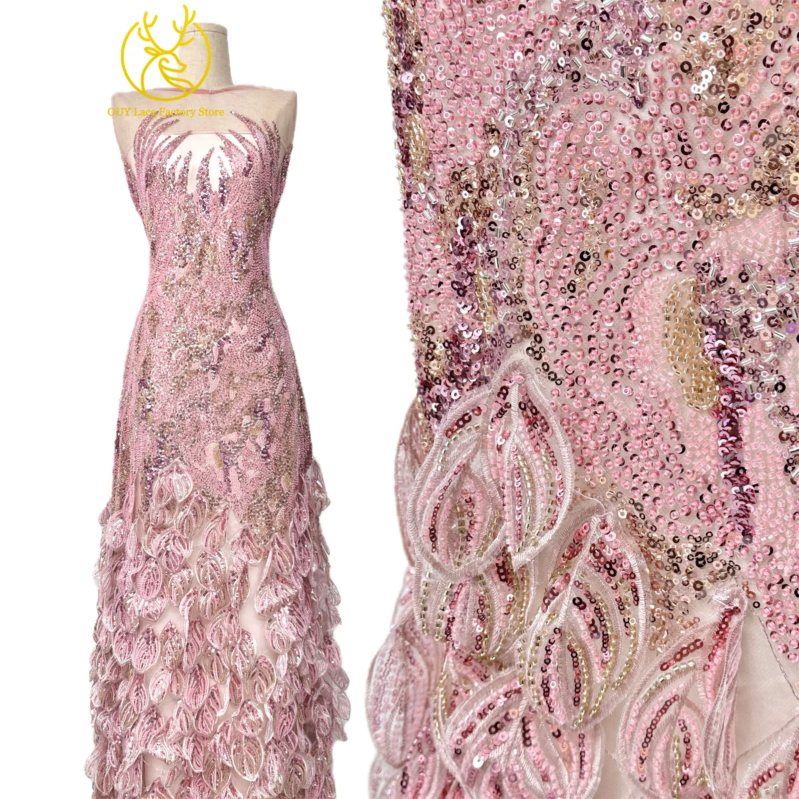 3D Fashion Nigerianischer handgefertigter Spitzenstoff mit Stickerei und Pailletten, 2026, hochwertiger französischer Tüll-Spitzenstoff für Hochzeitskleider – Detail 4