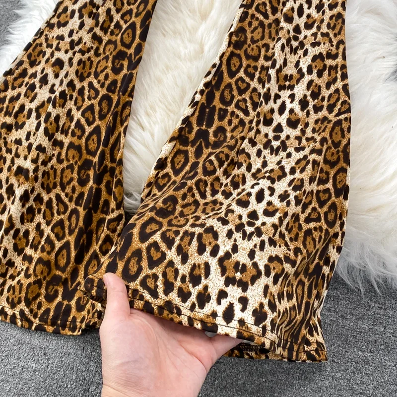 High-waisted Flared Pants Women Leopard Print Casual Trousers Female Elastic Waist Slim-fitting Pants Spring Autumn 2024 New