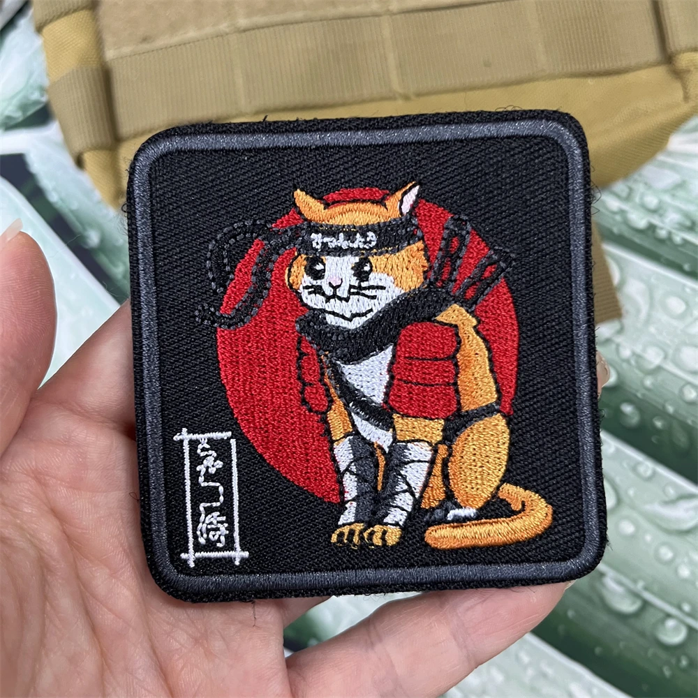 Japanese Samurai Cat Must Win Embroidered Patches Tactical Morale Badge Military Backpack Hook and Loop Sticker