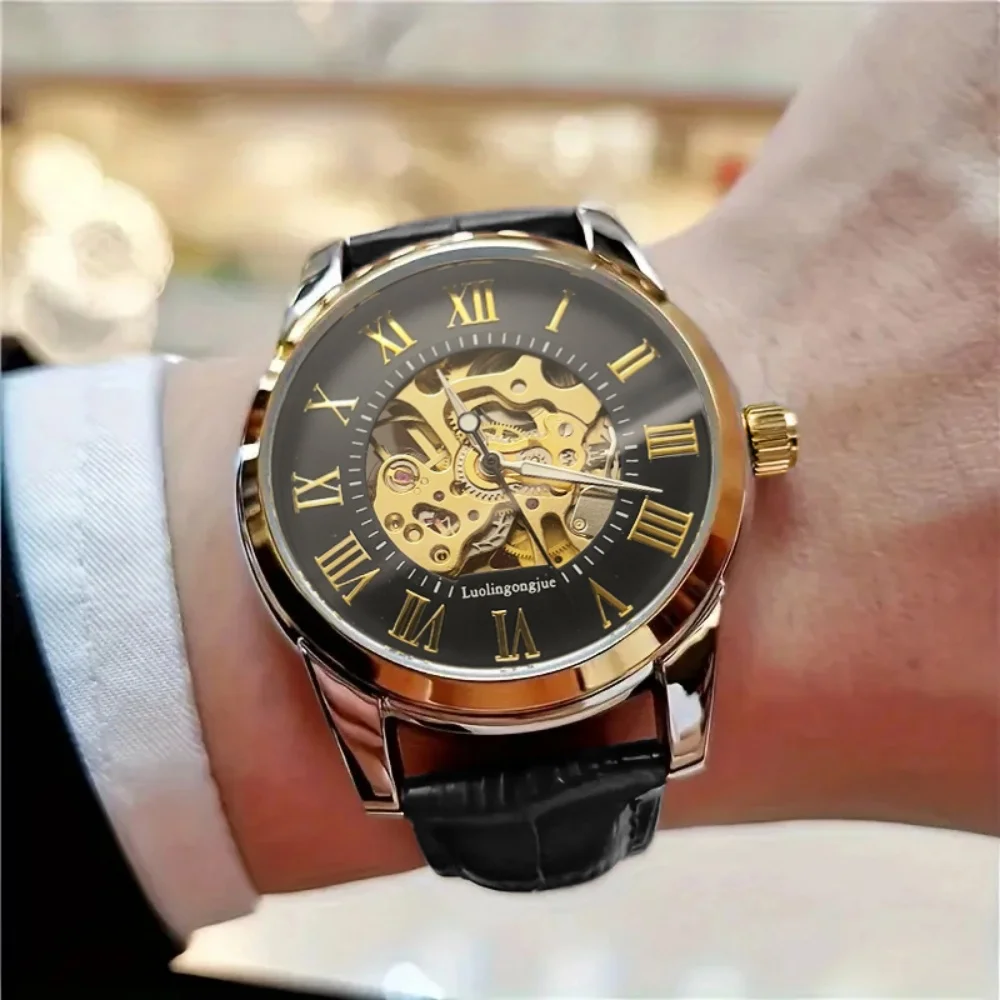 

Elegant Men's Automatic Mechanical Skeleton Watch—Leather Strap, Roman Numeral Dial, Automatic Movement, Suitable for Both Business and Casual Wear, Ideal Gift for Young Men, Business Casual Men's Watch | Hollow Design Wristwatch | Durable