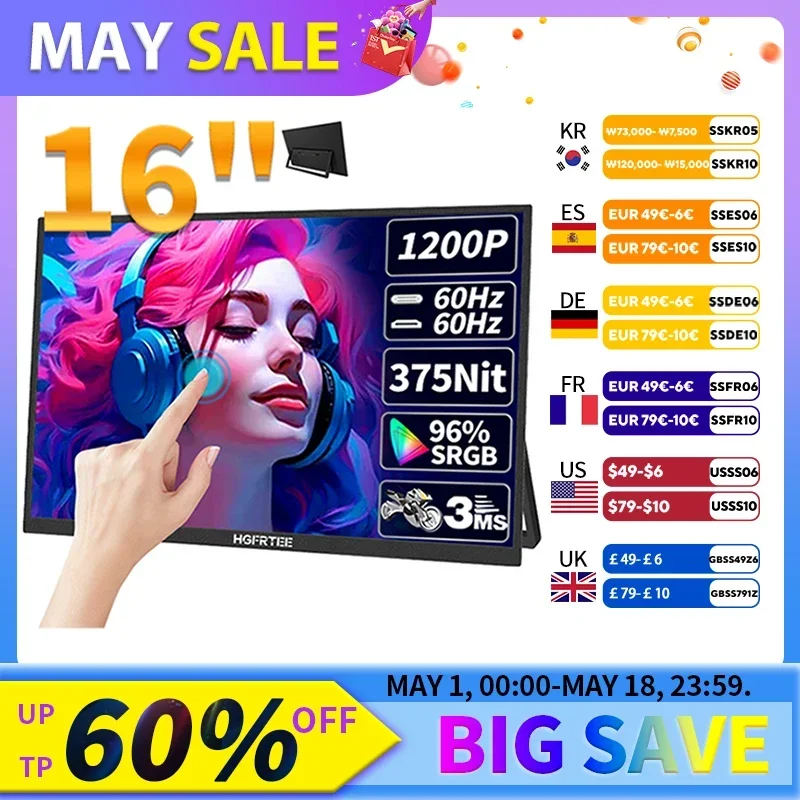 

США.EU HGFRTEE 16-дюймовый сенсорный портативный монитор 16:10 96%sRGB 350Cd/m2 второй экран для ноутбука с подставкой-держателем Type-C HDMI-Compat