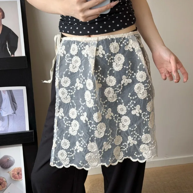 Lace Belt Square Shawl Spring Summer Retro Apron Style Detachable Floral Lace Ivory Multifunctional Women Premium Lightweight