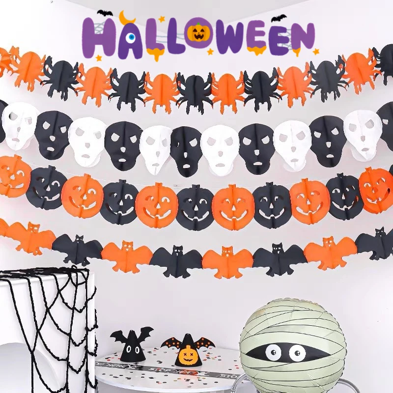 Extra-Length 3M Halloween Bunting Vintage Paper Bat-Spider Banner Set Haunted Fireplace Swag for Gothic Home Decor