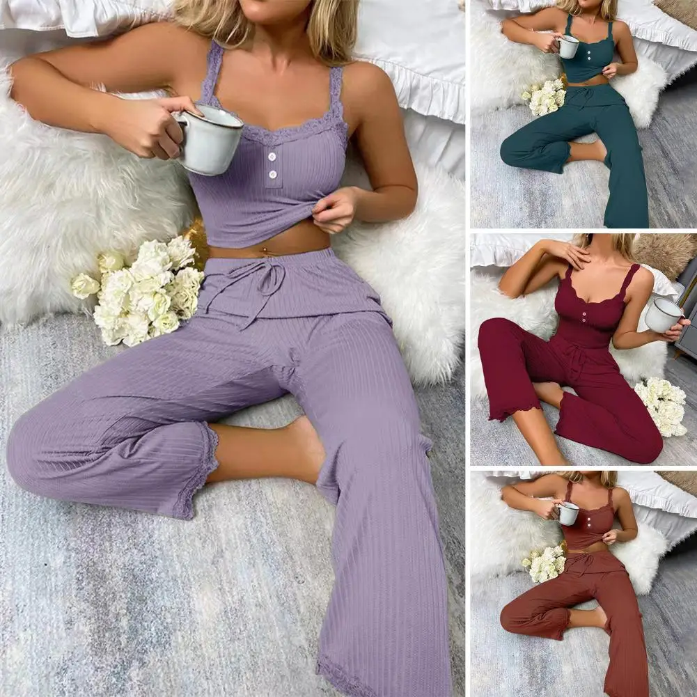 Lady Summer Loungewear Women's Floral Edge Crop Top Pants Set with Drawstring Waist V-neck Camisole Sleeveless for Comfort