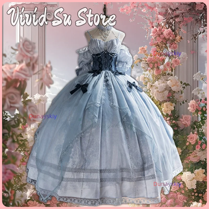 

Cinderella Evening Dress Skirt Lolita Dress Wedding Princess 코스프레 Elegant Long Blue Dress Puffed Sleeves Carnival Halloween