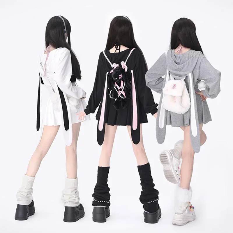 Autumn Women Rabbit Ear Hoodies Zipper Long Sleeve Jacket Coat Hooded Sweatshirts Harajuku Streetwear New Dress Sets Y2K Clothes