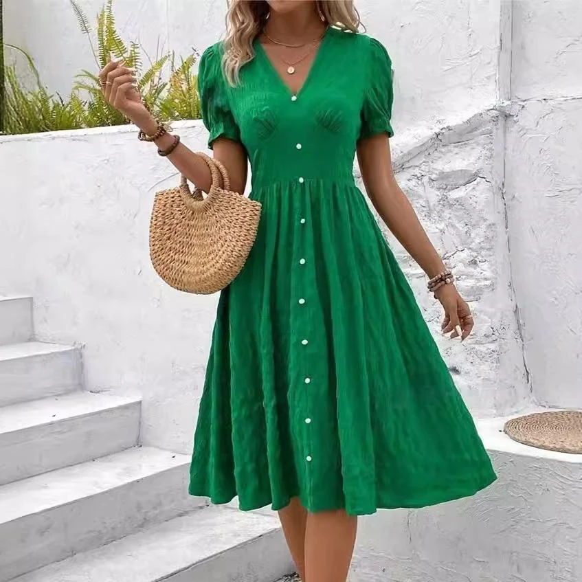 

Fashion Slim Pleated Medium-length Skirt High Quality Ladies Clothing Summer Short Sleeve V-neck green Dress vestidos de mujer