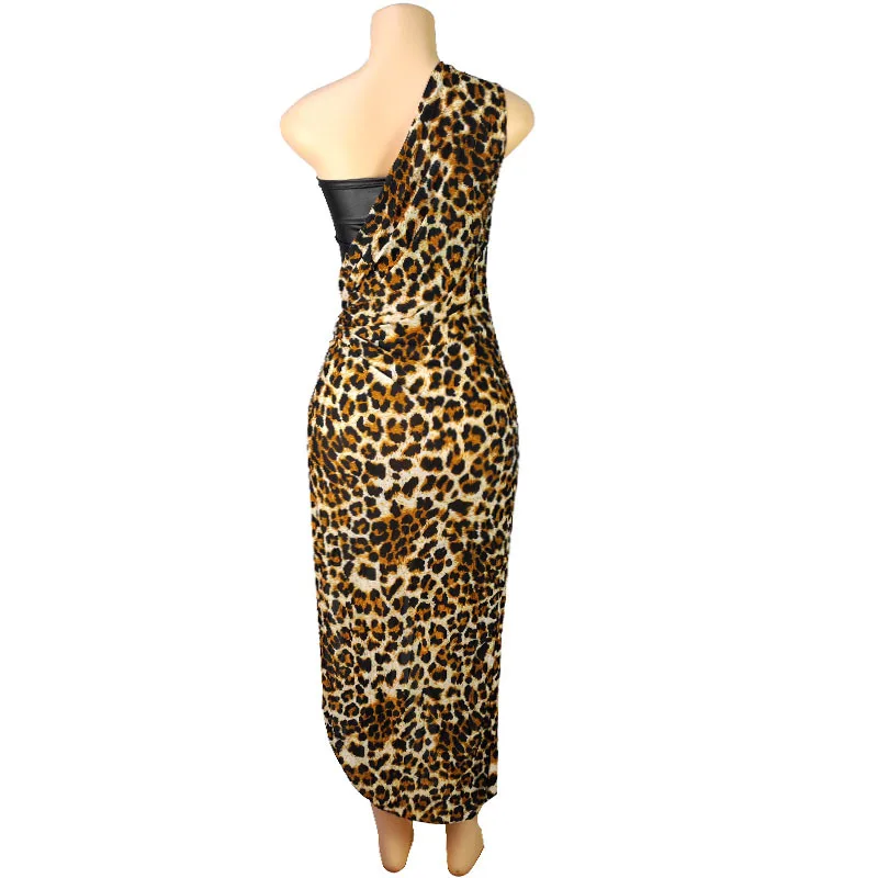 Nieuwe Onregelmatige Een Schouder Luipaard Lange Jurk Vrouwen Party Club Mode Luipaard Sexy Uitsparing Backless Maxi Jurken Zwart Wit