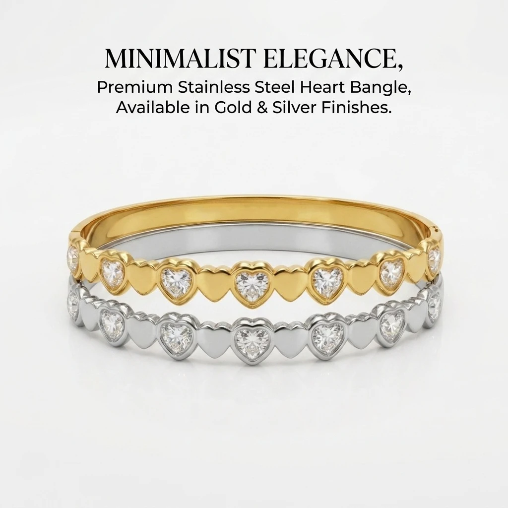 Gold Color Snap-on Heart Bangle, Stainless Steel Loving Zircon Bracelet for Women, Fashion Jewelry Gift 60mm