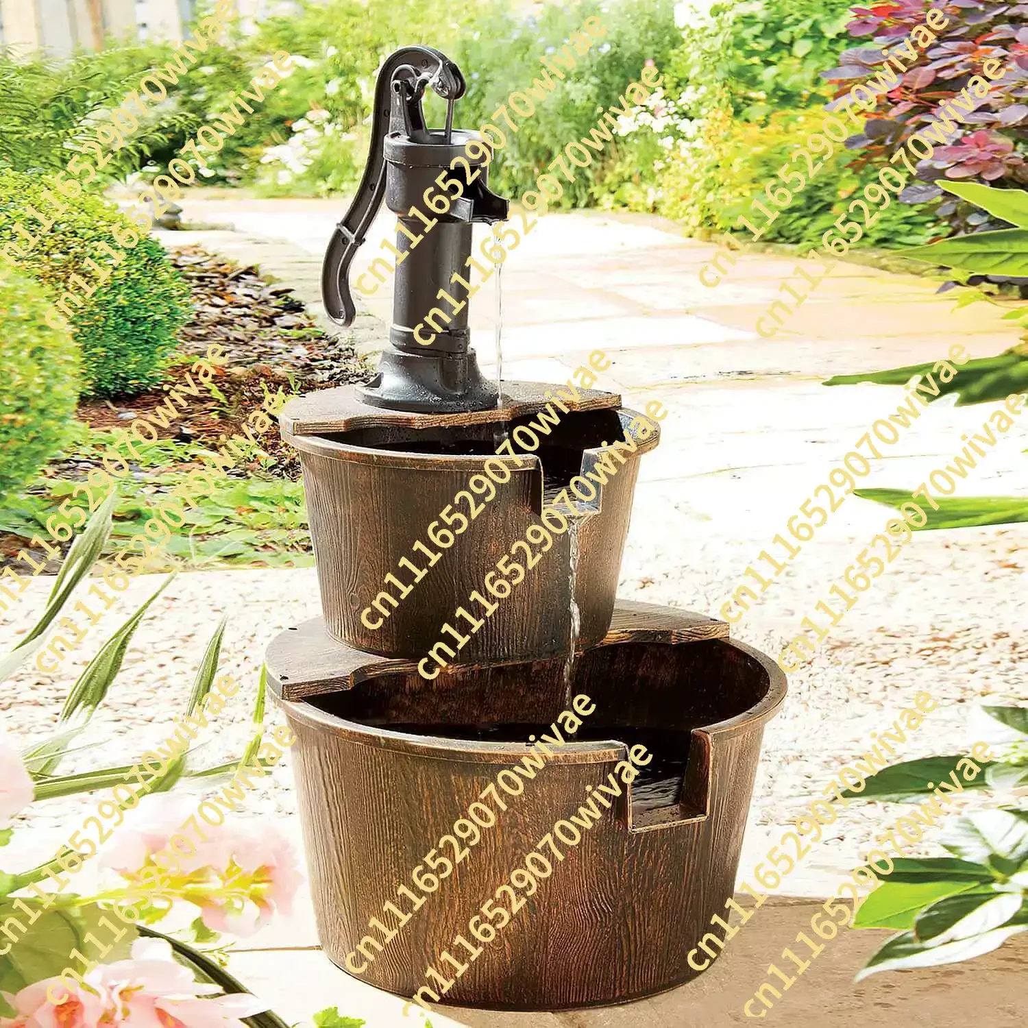 Garden outdoor landscape decorative fountains, double-layer plastic imitation wooden barrels, and flowing water fountains