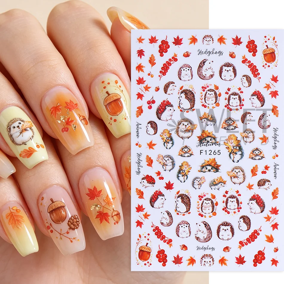 5 Stück Herbst-Nagelsticker, 3D, selbstklebend, Ahornblatt, Eichhörnchen, Fuchs, Igel, Kaffeetasse, Nageldekor, Thanksgiving-Maniküre-Dekoration – Detail 4