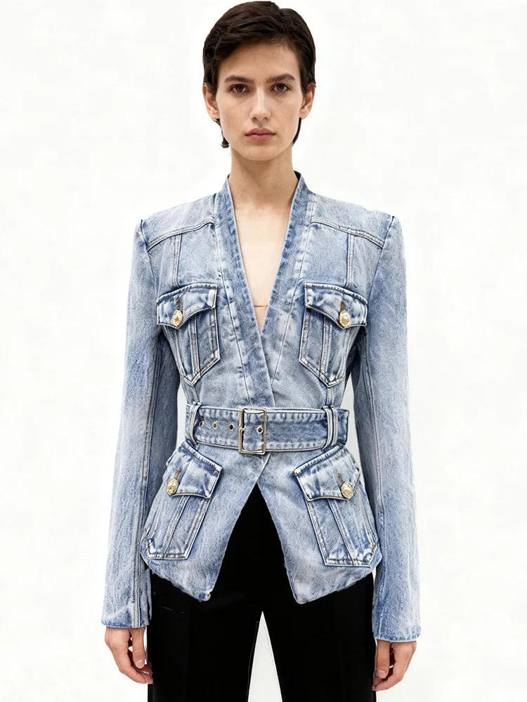 

Ранняя осень 2025 Faion, облегающий джинсовый джинсовый джинс с поясом, европейский Sle, женская повседневная одежда из полиэстера