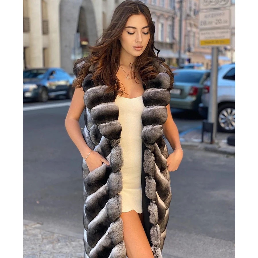 Women Real Rex Rabbit Fur Chinchilla Colour Winter Jacket Natural Rabbit Fur Vest Long Genuine Fur Vests Luxury Best Selling