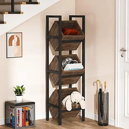 

Basket Stand, 3 Tier Wood Shelving Unit with Baskets, Rustic Vertical Standing Basket Tower for Kitchen Bathroom Living Room