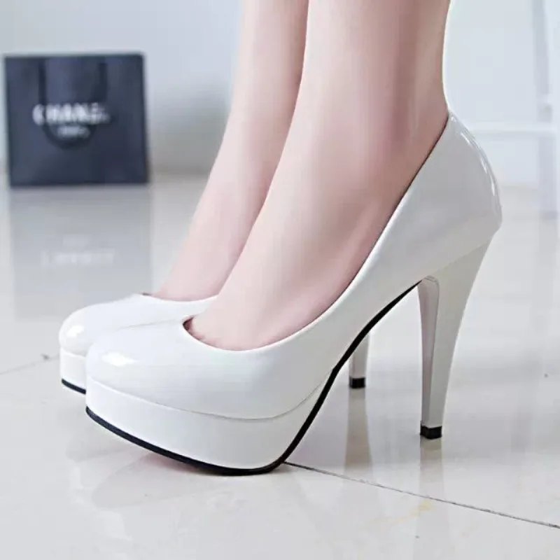 New  2023 Fashion Women Pumps Classic Patent Leather High Heels Shoes Nude Paltform Wedding Women Dress Shoe White Plus Size 42