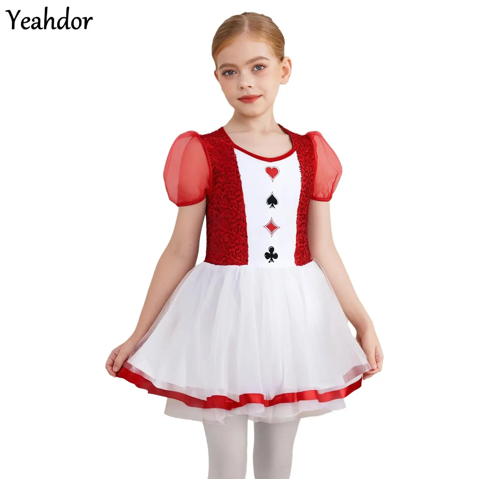 

Girls Shiny Sequin Ballet Tutu Dress Halloween Ringmaster Puff Sleeve Mesh Gymnastics Skating Leotard Ballerina Puffy Dresses