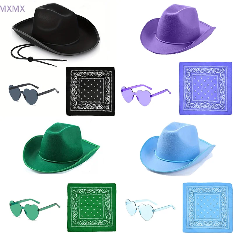 Chapéu de cowboy com óculos de coração lenço quadrado conjunto de fantasia de cowgirl feminino para festa oeste selvagem cosplay óculos de sol chapéu de cowboy ﻿ ﻿