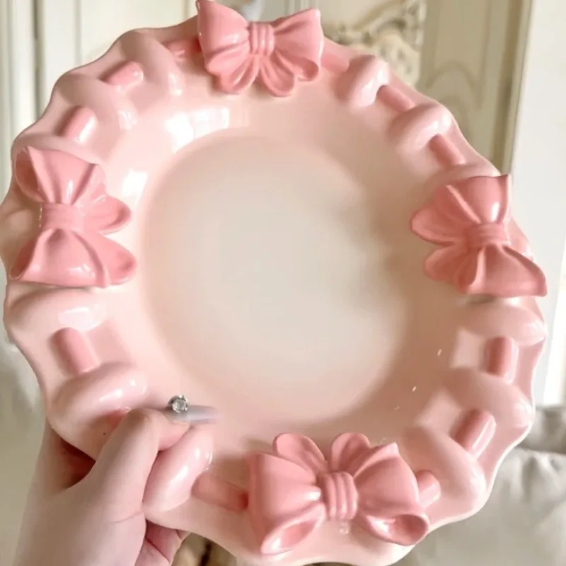 Internet celebrity bow underglaze hand-painted relief three-dimensional ceramic dessert salad plate
