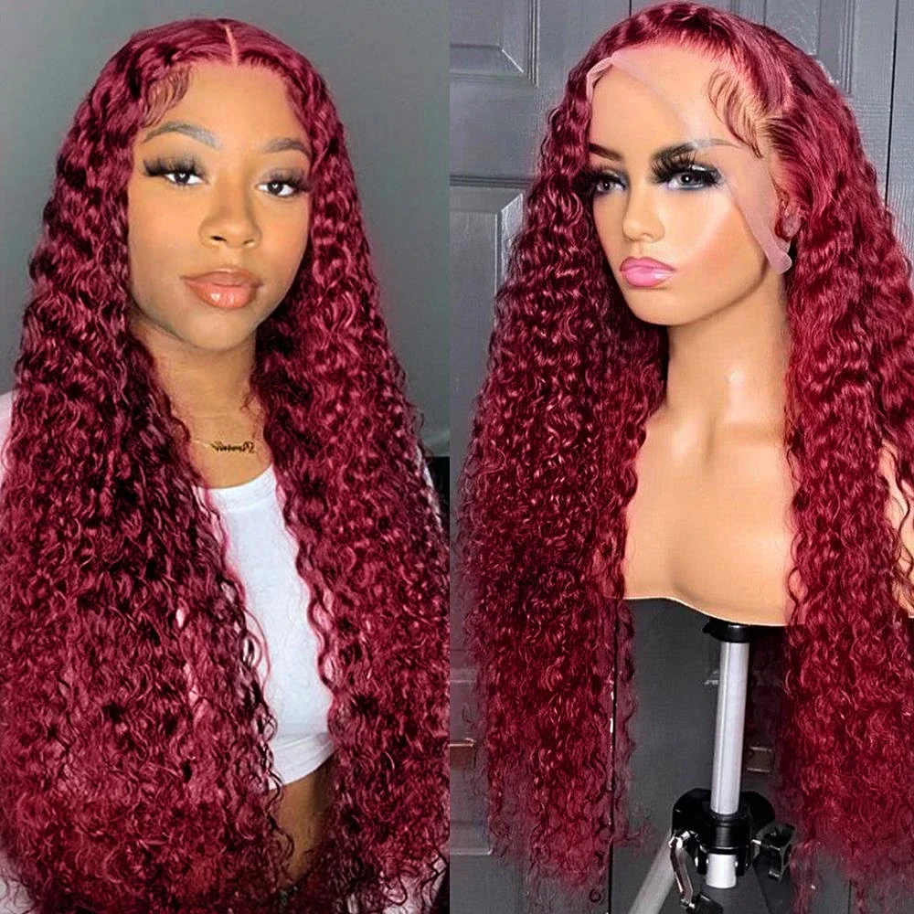 Perruque Lace Front Wig Remy Brésilienne Naturelle Bouclée, Cheveux Profonds, Couleur Bordeaux 99J, 13x4, pour Femme